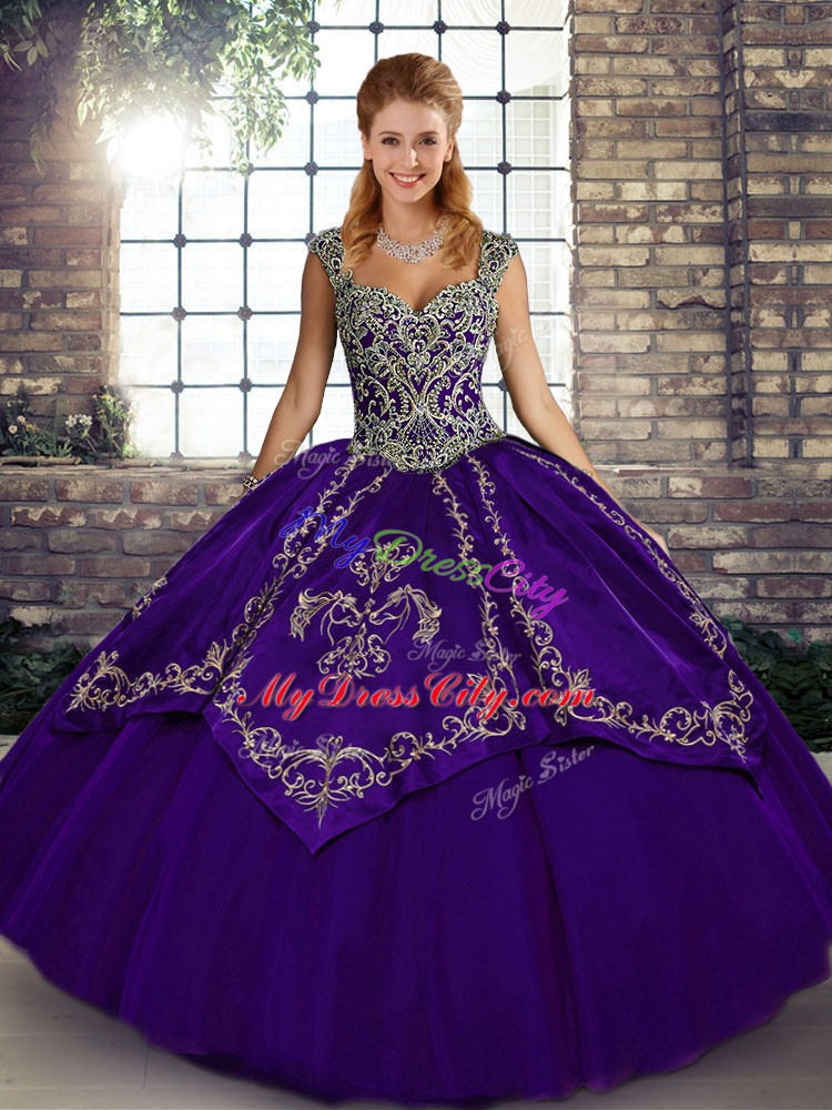 Inexpensive Purple Straps Neckline Beading and Embroidery Quinceanera Gown Sleeveless Lace Up