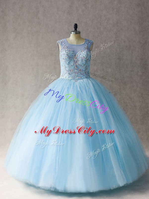 Light Blue Ball Gowns Tulle Scoop Sleeveless Beading Floor Length Lace Up Ball Gown Prom Dress