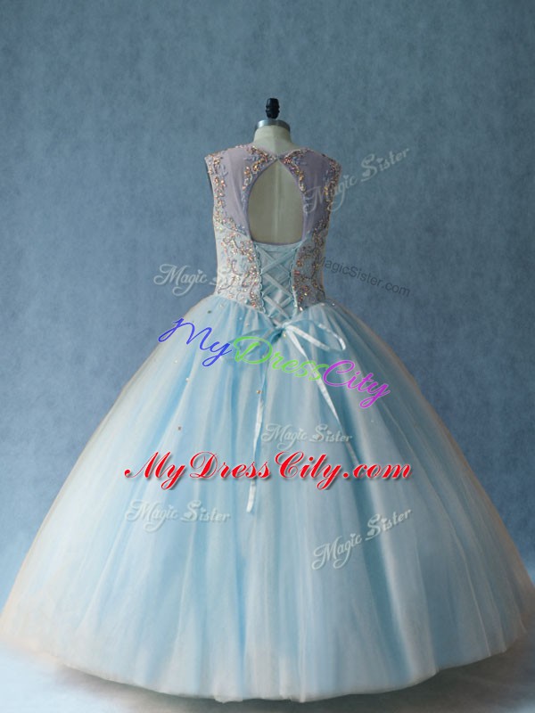 Light Blue Ball Gowns Tulle Scoop Sleeveless Beading Floor Length Lace Up Ball Gown Prom Dress