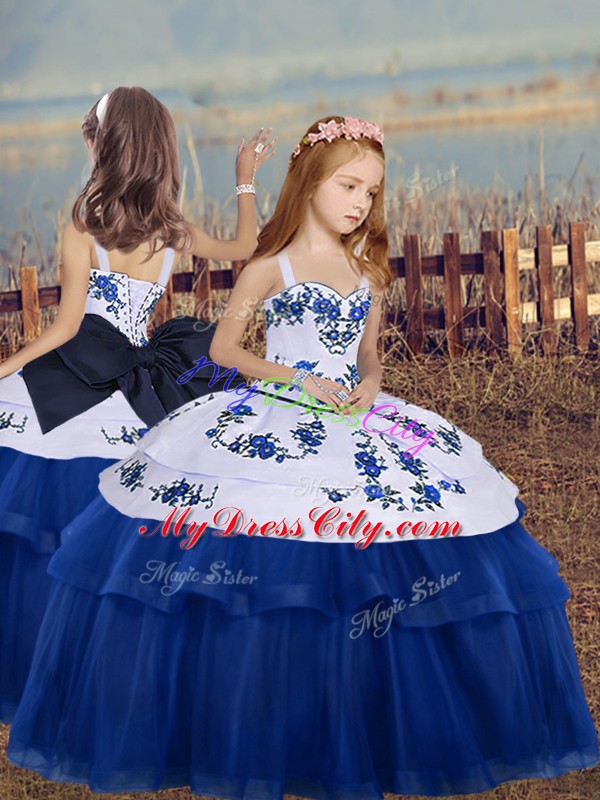 Classical Tulle Straps Sleeveless Lace Up Embroidery Custom Made Pageant Dress in Blue