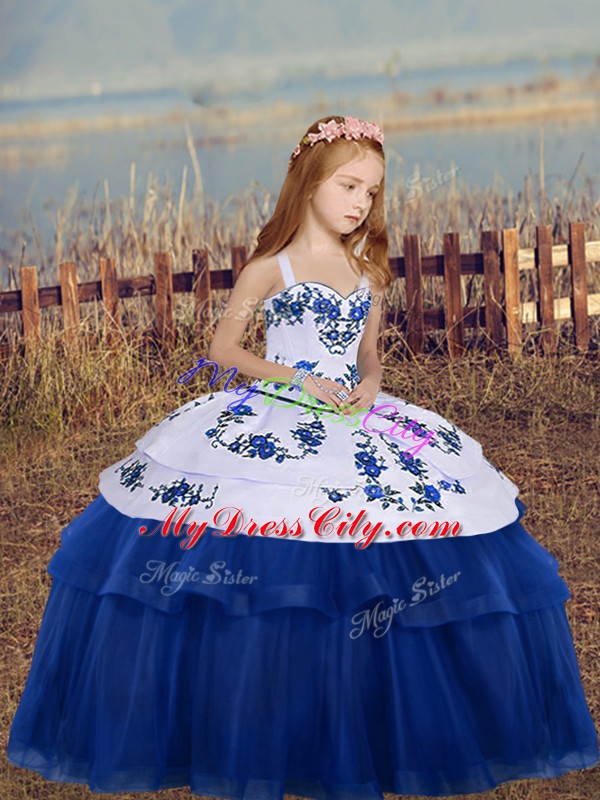 Classical Tulle Straps Sleeveless Lace Up Embroidery Custom Made Pageant Dress in Blue