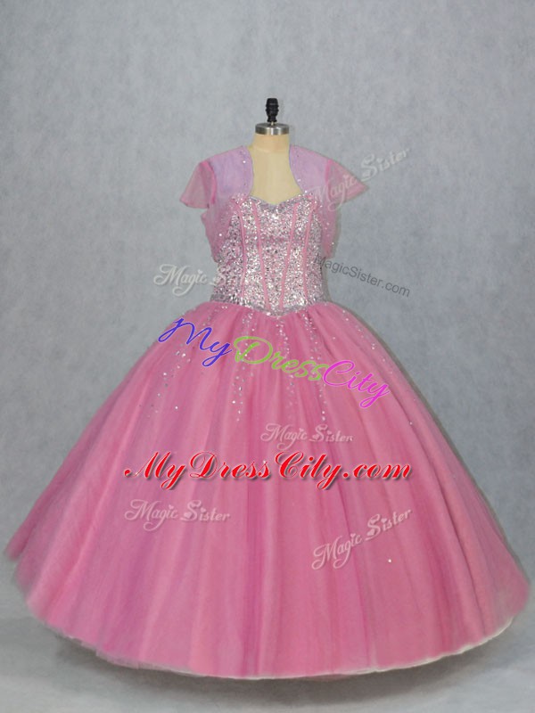 Pink Lace Up Quince Ball Gowns Beading Sleeveless Floor Length