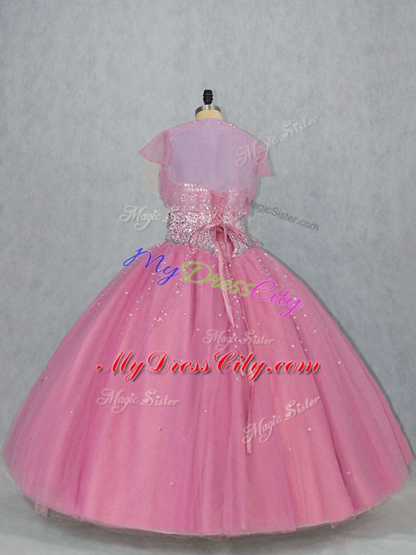 Pink Lace Up Quince Ball Gowns Beading Sleeveless Floor Length