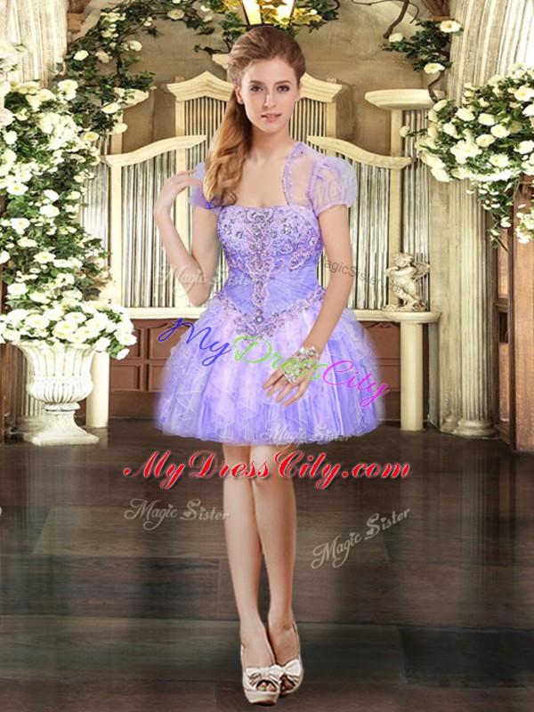 Lavender Sleeveless Mini Length Beading and Lace and Ruffles Lace Up Prom Dresses