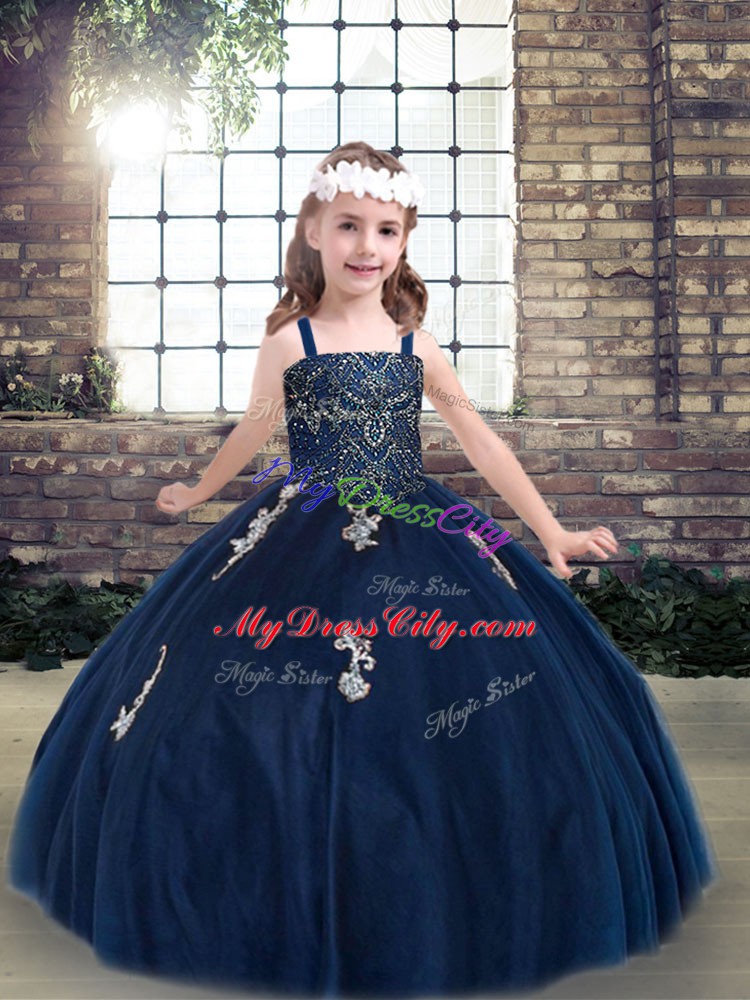 Navy Blue Tulle Lace Up Straps Sleeveless Floor Length Little Girls Pageant Dress Wholesale Appliques