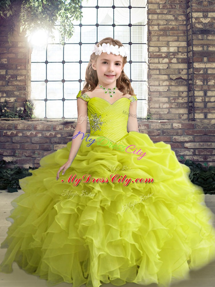 Floor Length Lace Up Pageant Gowns For Girls Yellow Green for Party and Wedding Party with Beading and Ruffles and Pick Ups