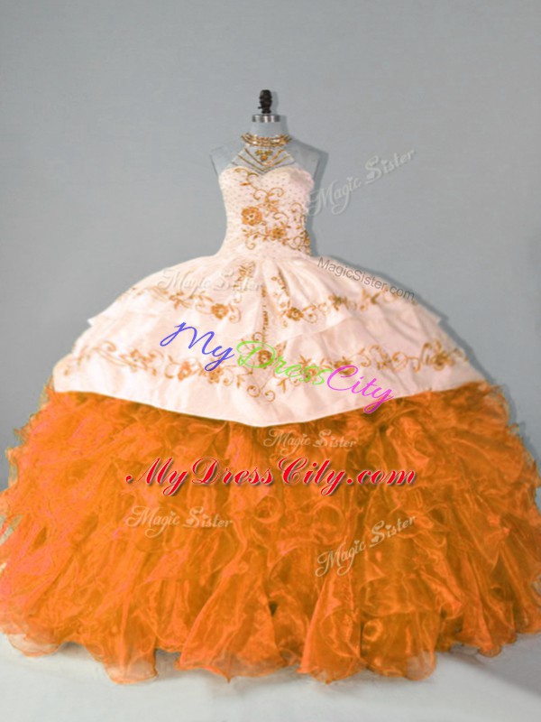 Lovely Organza Halter Top Sleeveless Court Train Lace Up Embroidery and Ruffles Sweet 16 Dress in Orange