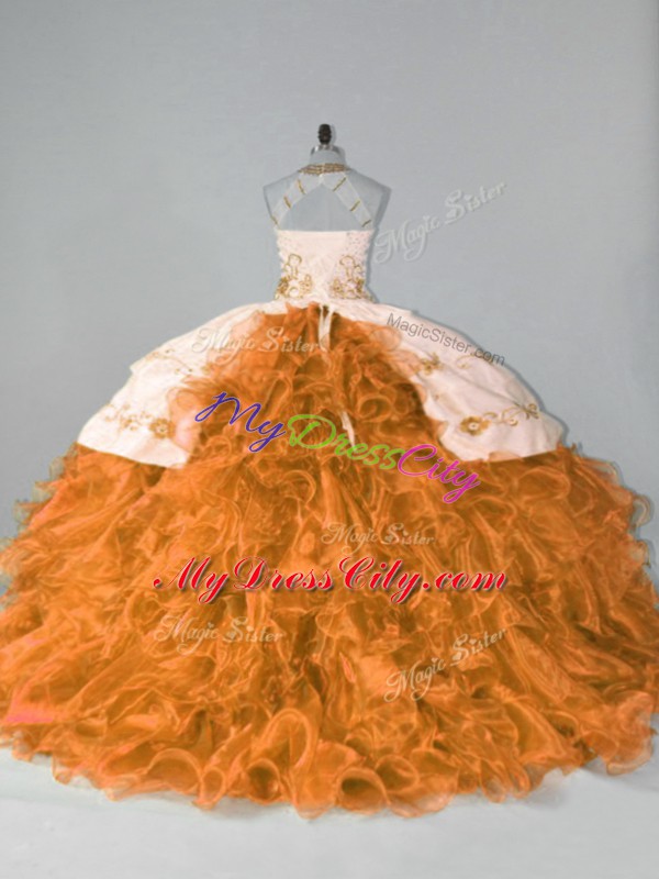 Lovely Organza Halter Top Sleeveless Court Train Lace Up Embroidery and Ruffles Sweet 16 Dress in Orange