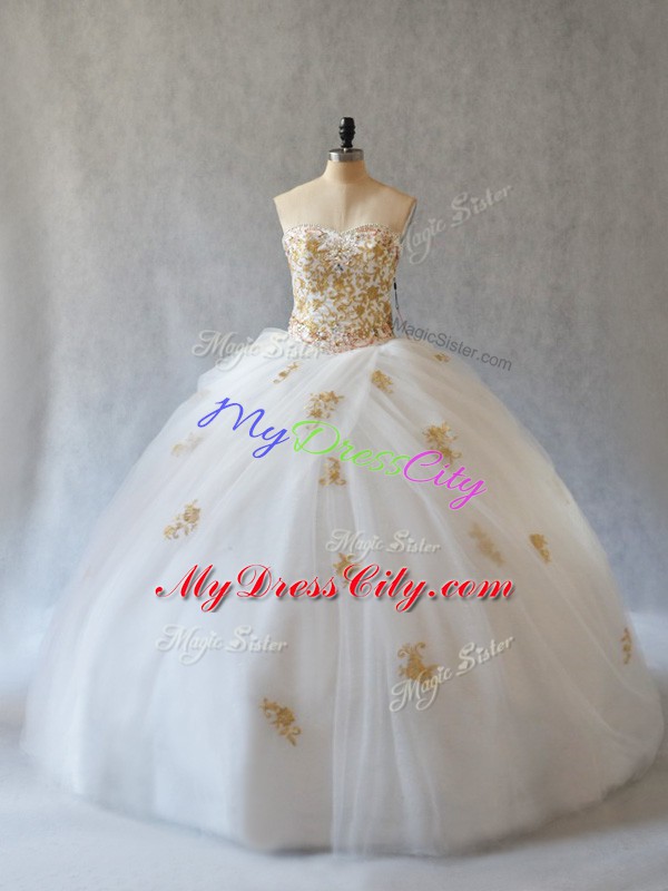 Beauteous Sleeveless Brush Train Appliques Lace Up Ball Gown Prom Dress