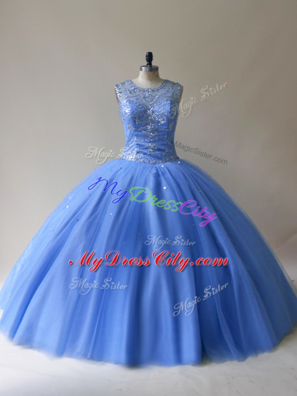 Tulle Scoop Sleeveless Lace Up Beading Vestidos de Quinceanera in Baby Blue