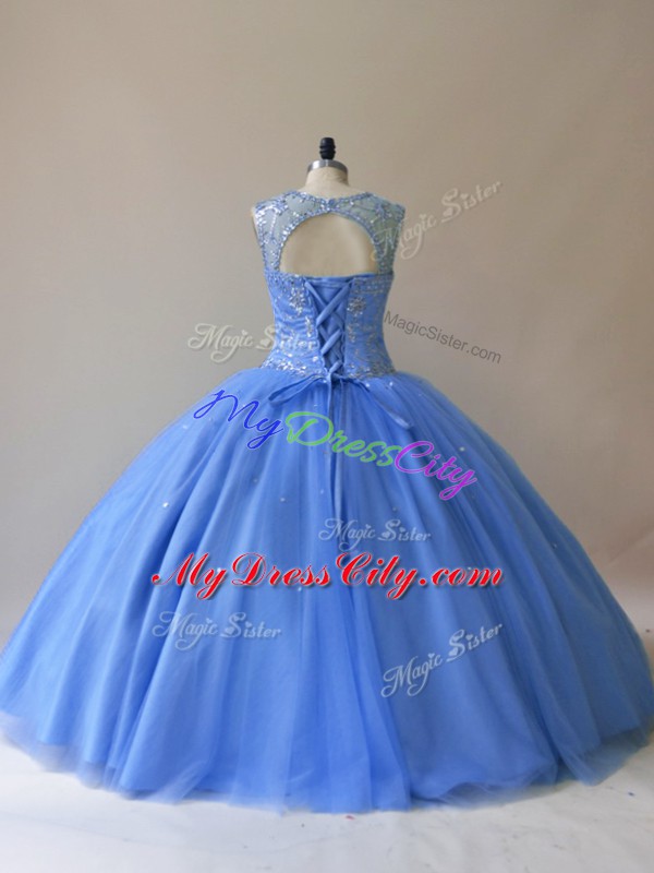 Tulle Scoop Sleeveless Lace Up Beading Vestidos de Quinceanera in Baby Blue