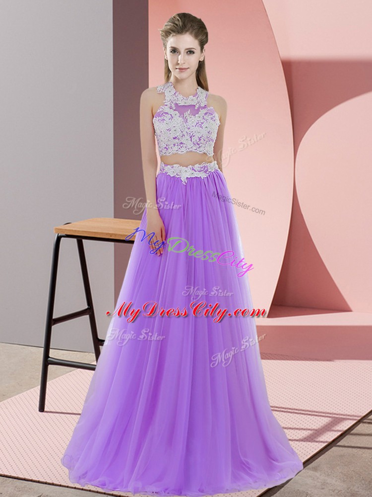 Colorful Lavender Two Pieces Halter Top Sleeveless Tulle Floor Length Zipper Lace Bridesmaid Gown