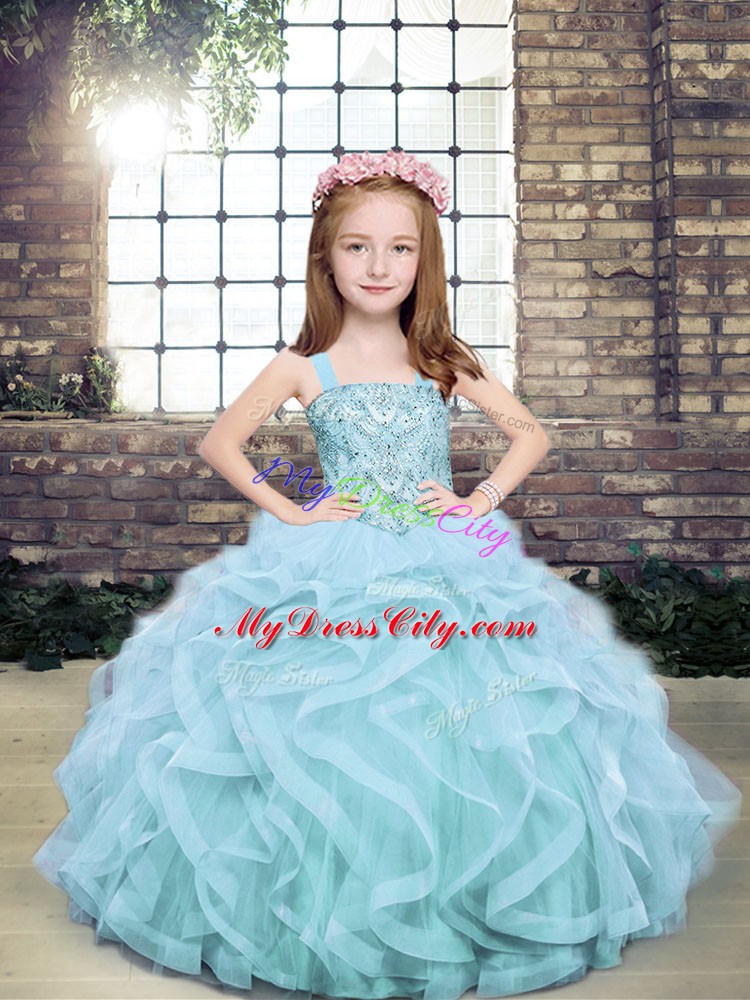 Perfect Sleeveless Floor Length Beading and Ruffles Lace Up Pageant Dress for Girls with Light Blue