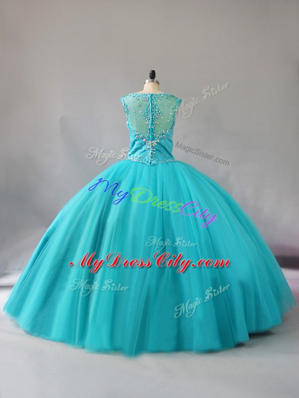 Dramatic Tulle Sleeveless Floor Length 15 Quinceanera Dress and Beading