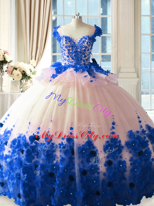 Excellent Tulle Scoop Sleeveless Brush Train Zipper Hand Made Flower Quinceanera Dress in Blue And White