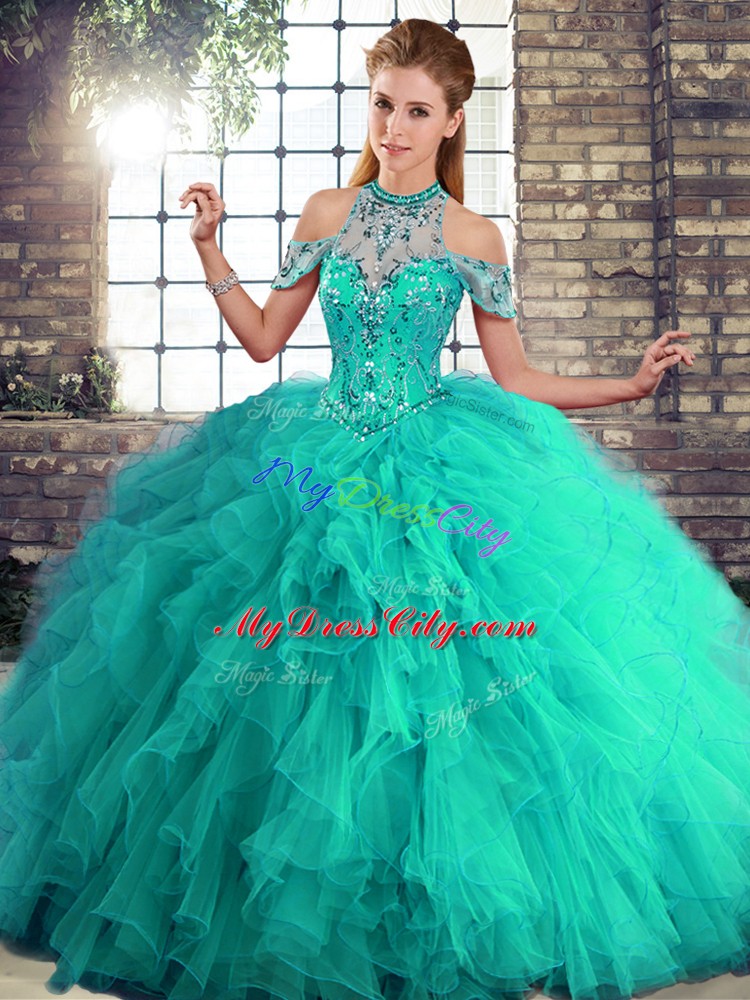 Turquoise Sleeveless Beading and Ruffles Floor Length Sweet 16 Dress