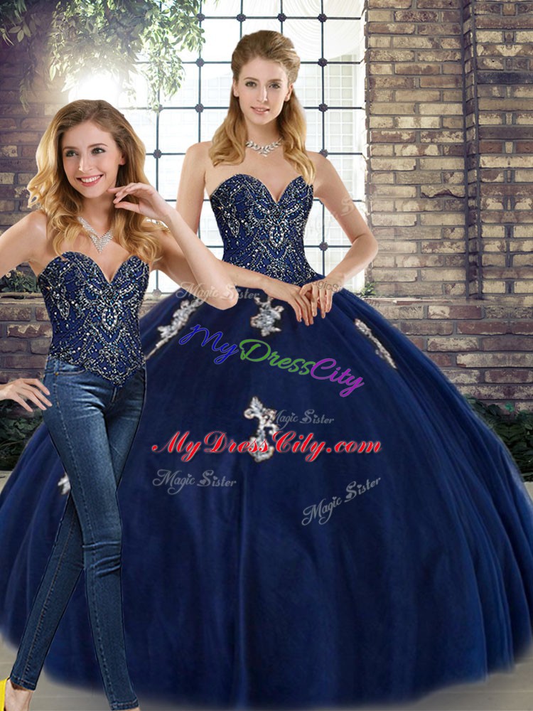 Eye-catching Navy Blue Sleeveless Floor Length Beading and Appliques Lace Up 15th Birthday Dress