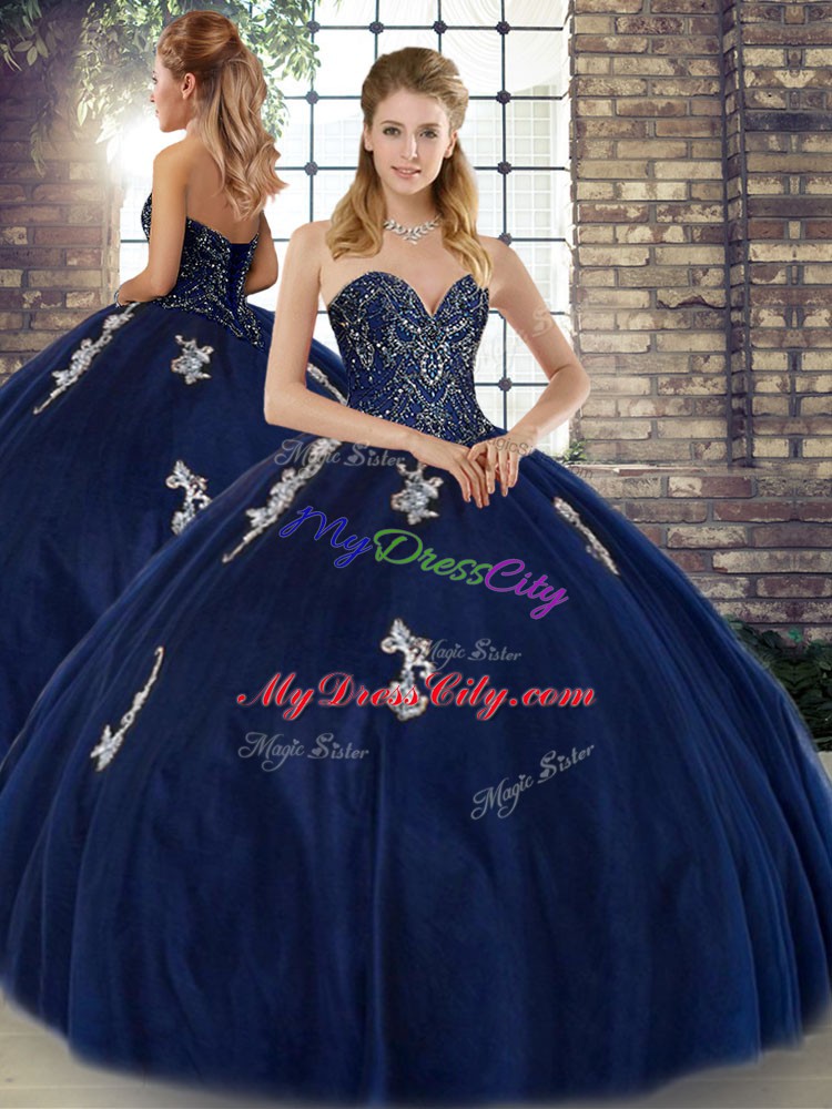 Eye-catching Navy Blue Sleeveless Floor Length Beading and Appliques Lace Up 15th Birthday Dress