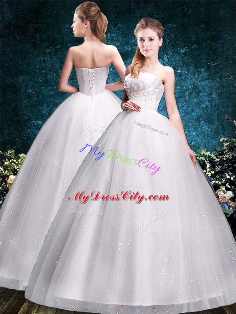 Strapless Sleeveless Wedding Dresses Floor Length Appliques White Tulle