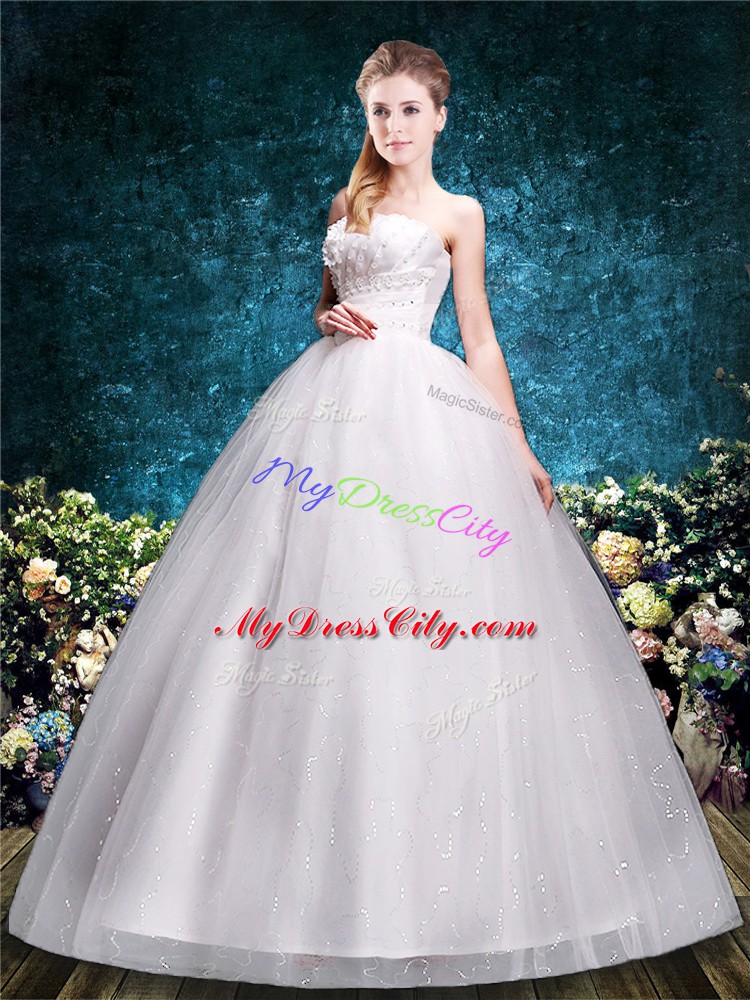 Strapless Sleeveless Wedding Dresses Floor Length Appliques White Tulle