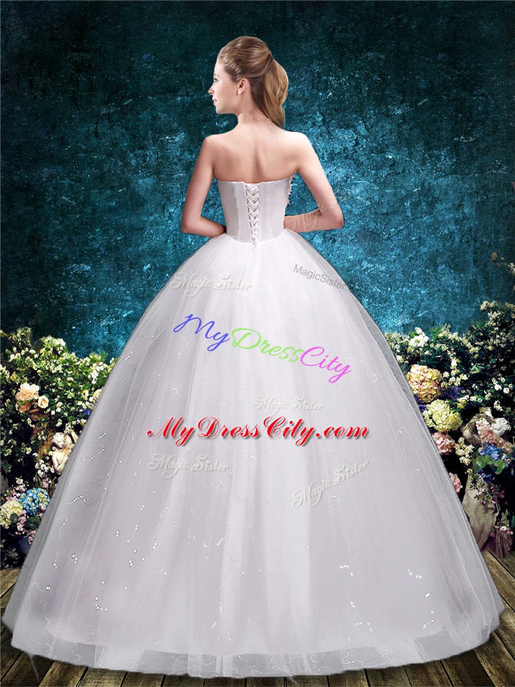 Strapless Sleeveless Wedding Dresses Floor Length Appliques White Tulle