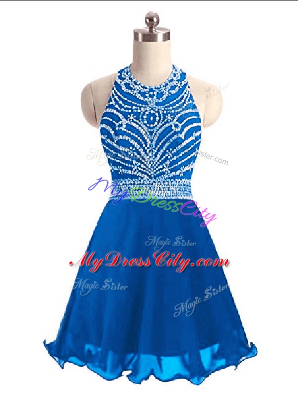 Glorious Blue A-line Halter Top Sleeveless Chiffon Mini Length Lace Up Beading