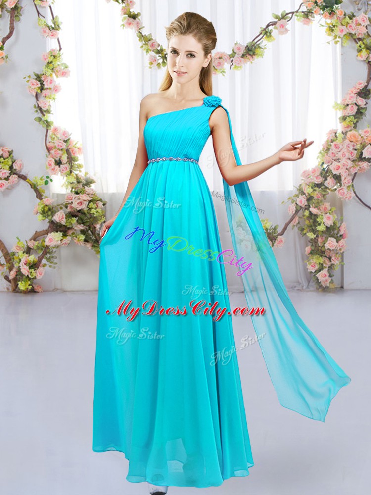 Floor Length Empire Sleeveless Aqua Blue Dama Dress Lace Up