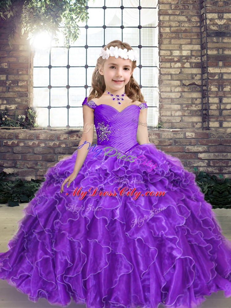 Sleeveless Organza Floor Length Lace Up Little Girl Pageant Gowns in Purple with Beading and Ruffles