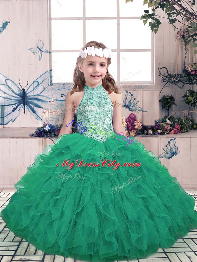 Discount Sleeveless Floor Length Beading and Ruffles Lace Up Kids Formal Wear with Green