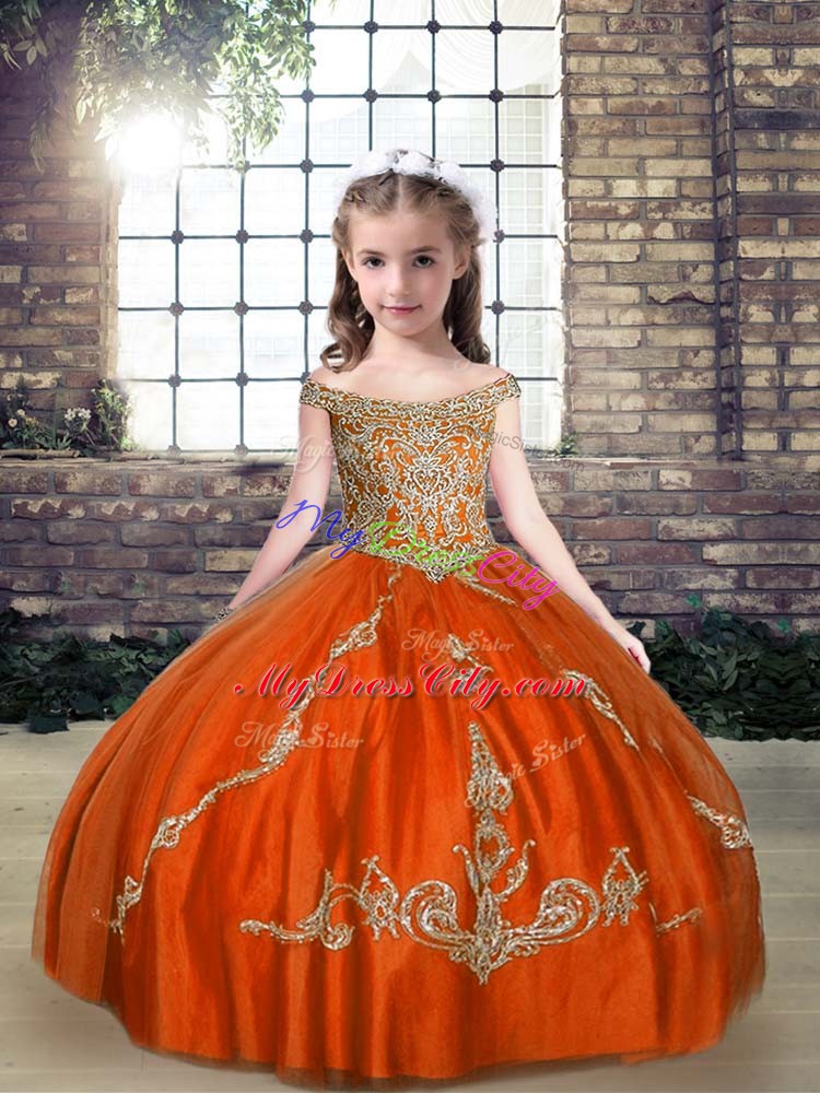 Top Selling Sleeveless Floor Length Beading Lace Up Pageant Dress with Orange Red