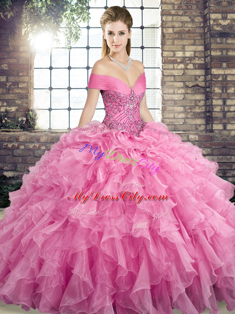 Extravagant Rose Pink Sleeveless Brush Train Beading and Ruffles Sweet 16 Dress