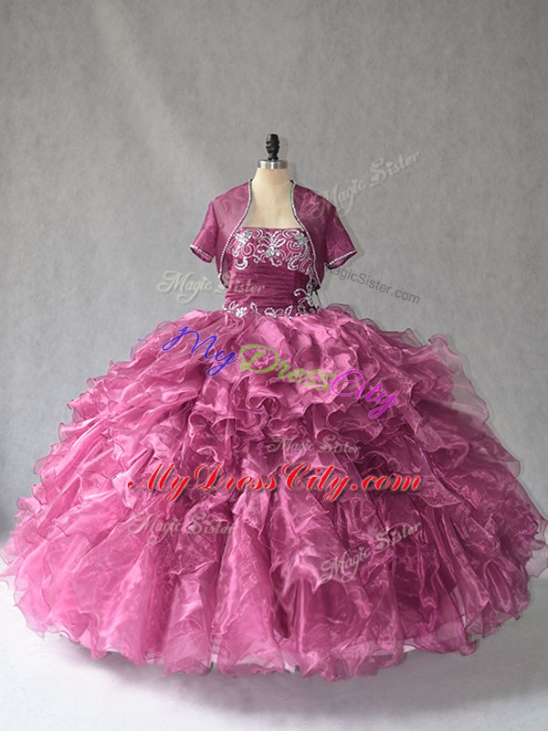 Burgundy Ball Gowns Beading and Ruffles Vestidos de Quinceanera Lace Up Organza Sleeveless Floor Length