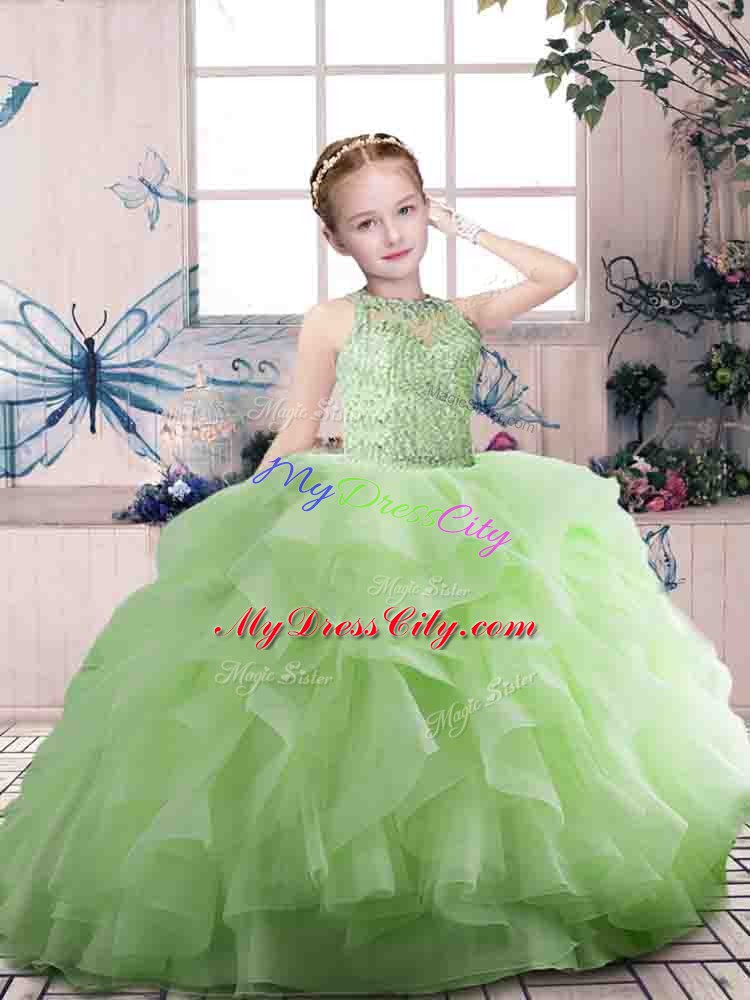 Scoop Sleeveless Custom Made Pageant Dress Floor Length Beading and Ruffles Tulle