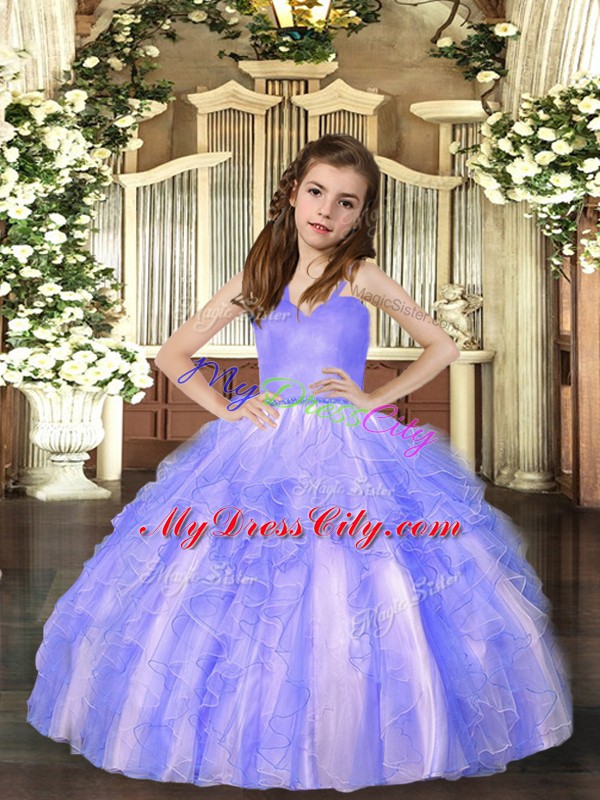 Low Price Lavender Tulle Lace Up Kids Formal Wear Sleeveless Floor Length Ruffles