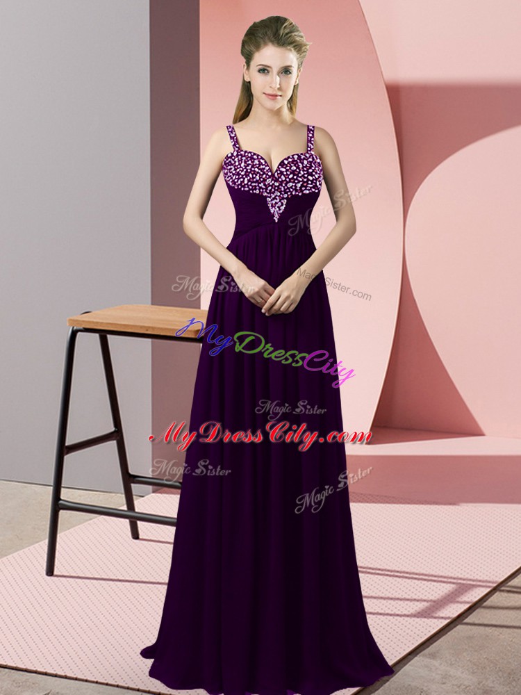 Luxury Sleeveless Floor Length Beading Zipper Formal Evening Gowns with Dark Purple