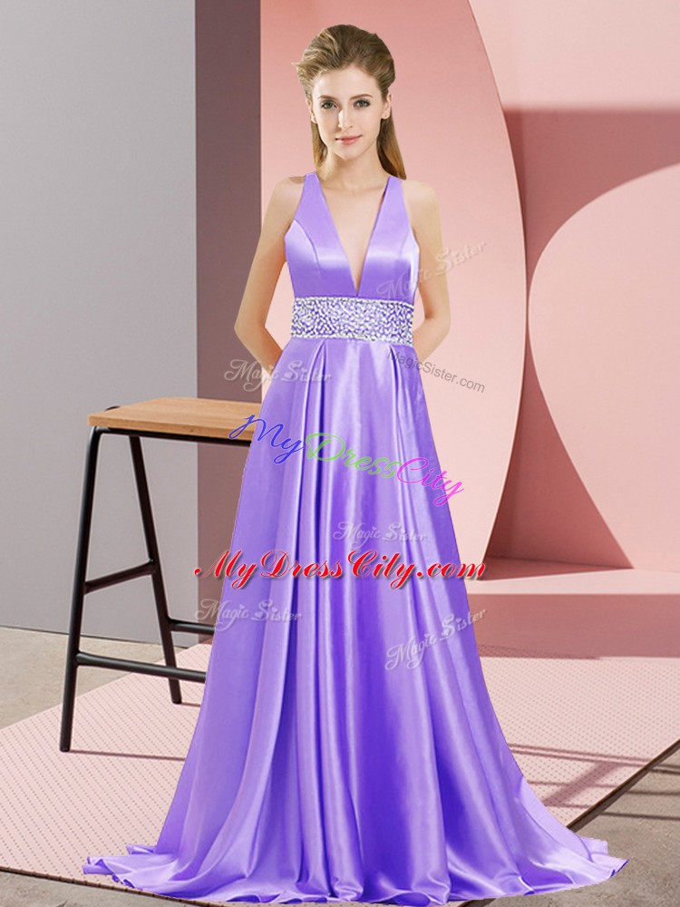 Sleeveless Beading Backless Prom Dress with Lavender Brush Train