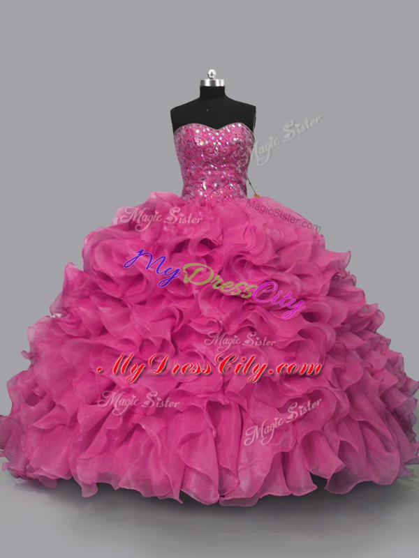 Cheap Sleeveless Organza Floor Length Lace Up Quinceanera Gowns in Hot Pink with Beading