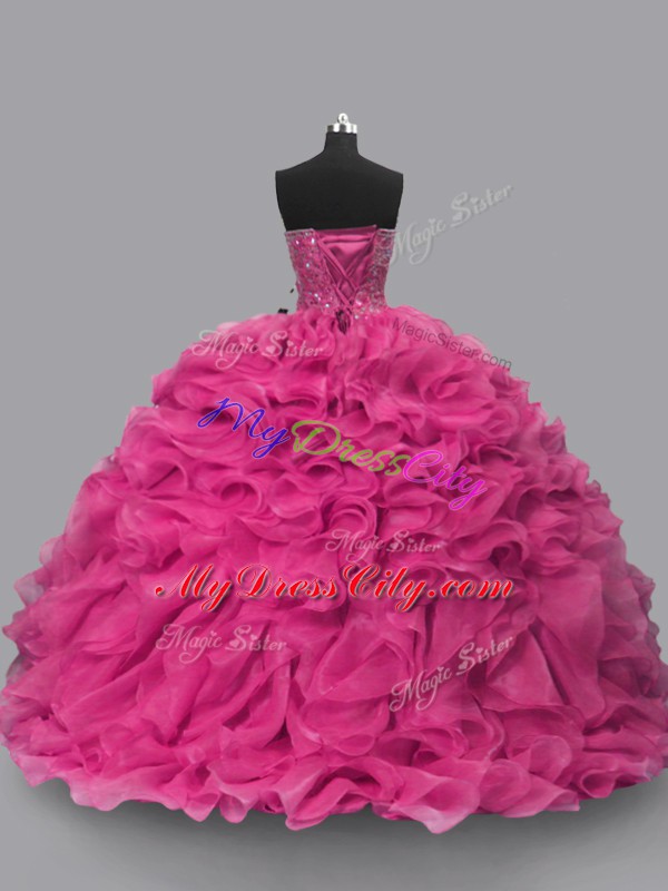 Cheap Sleeveless Organza Floor Length Lace Up Quinceanera Gowns in Hot Pink with Beading