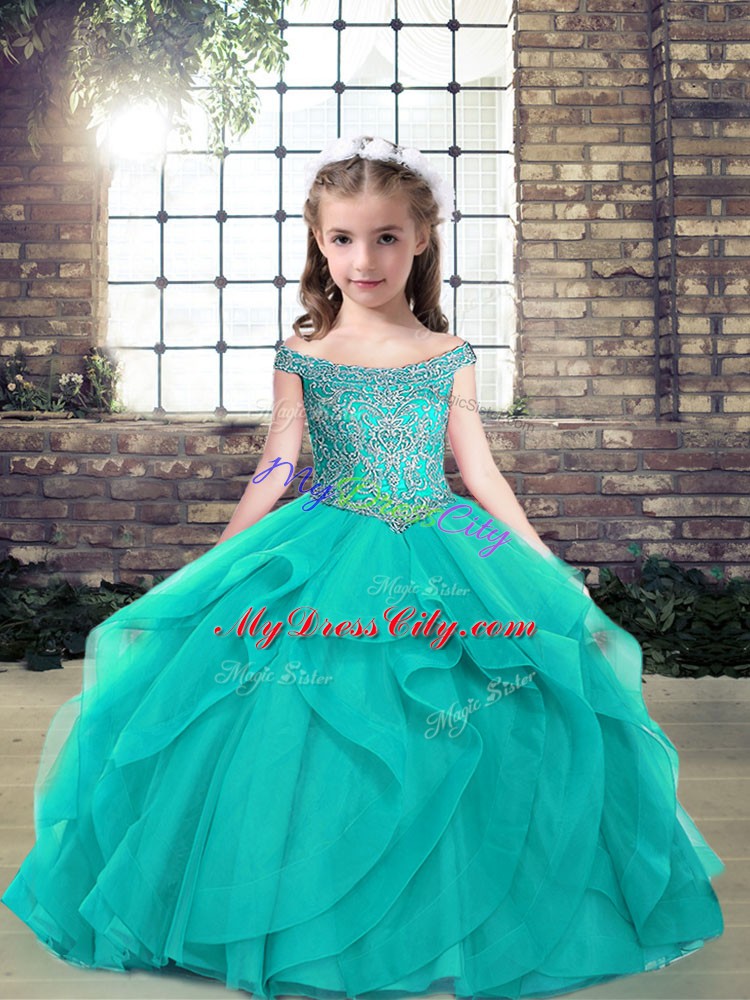 Great Off The Shoulder Sleeveless Lace Up Little Girl Pageant Dress Teal Tulle