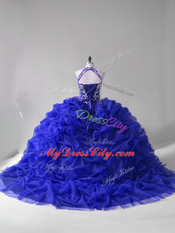 Shining Long Sleeves Beading and Pick Ups Lace Up Vestidos de Quinceanera with Royal Blue Court Train