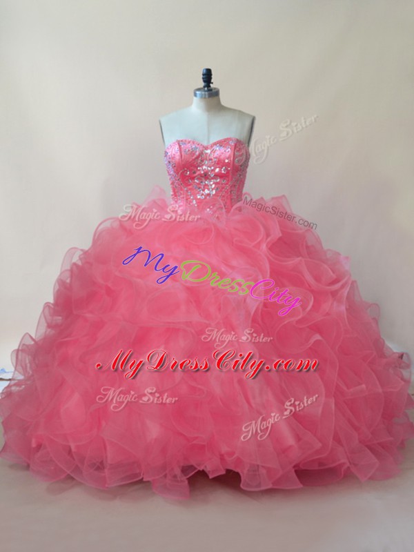 Coral Red Sweetheart Lace Up Beading and Ruffles Quinceanera Gowns Sleeveless