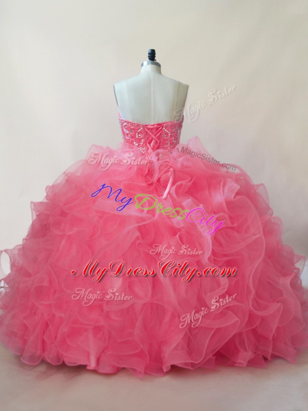 Coral Red Sweetheart Lace Up Beading and Ruffles Quinceanera Gowns Sleeveless