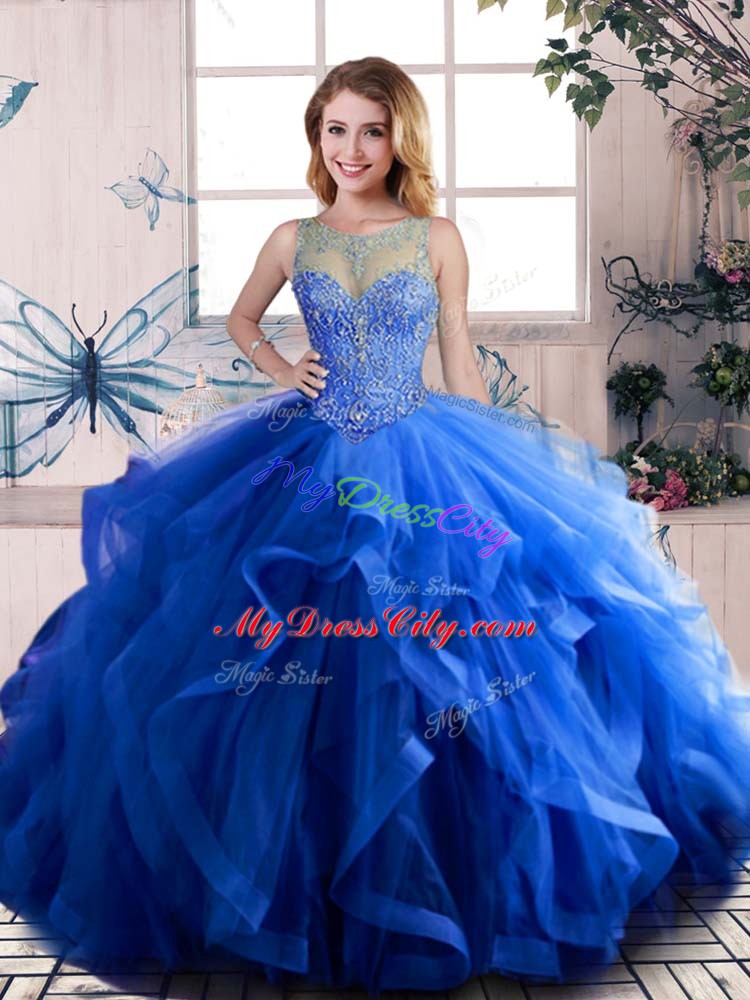 Extravagant Royal Blue Ball Gowns Scoop Sleeveless Tulle Floor Length Lace Up Beading and Ruffles Quince Ball Gowns