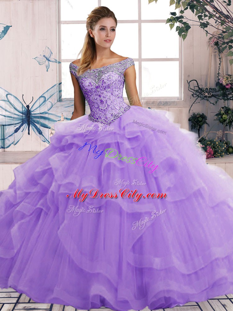 Designer Lavender Tulle Lace Up Quinceanera Gowns Sleeveless Floor Length Beading and Ruffles