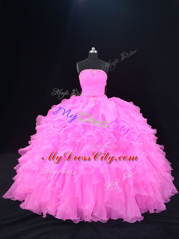 Great Sleeveless Floor Length Beading and Ruffles Lace Up Quinceanera Gown with Pink and Rose Pink