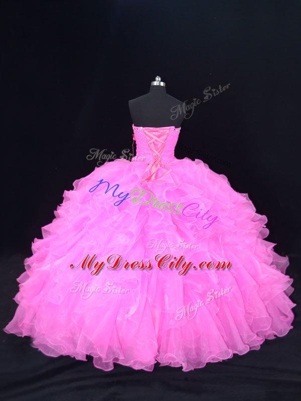 Great Sleeveless Floor Length Beading and Ruffles Lace Up Quinceanera Gown with Pink and Rose Pink