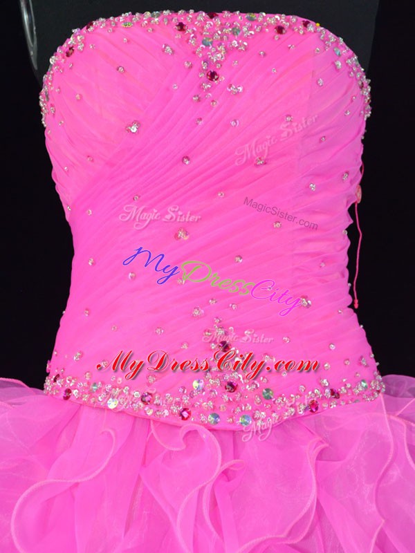 Great Sleeveless Floor Length Beading and Ruffles Lace Up Quinceanera Gown with Pink and Rose Pink