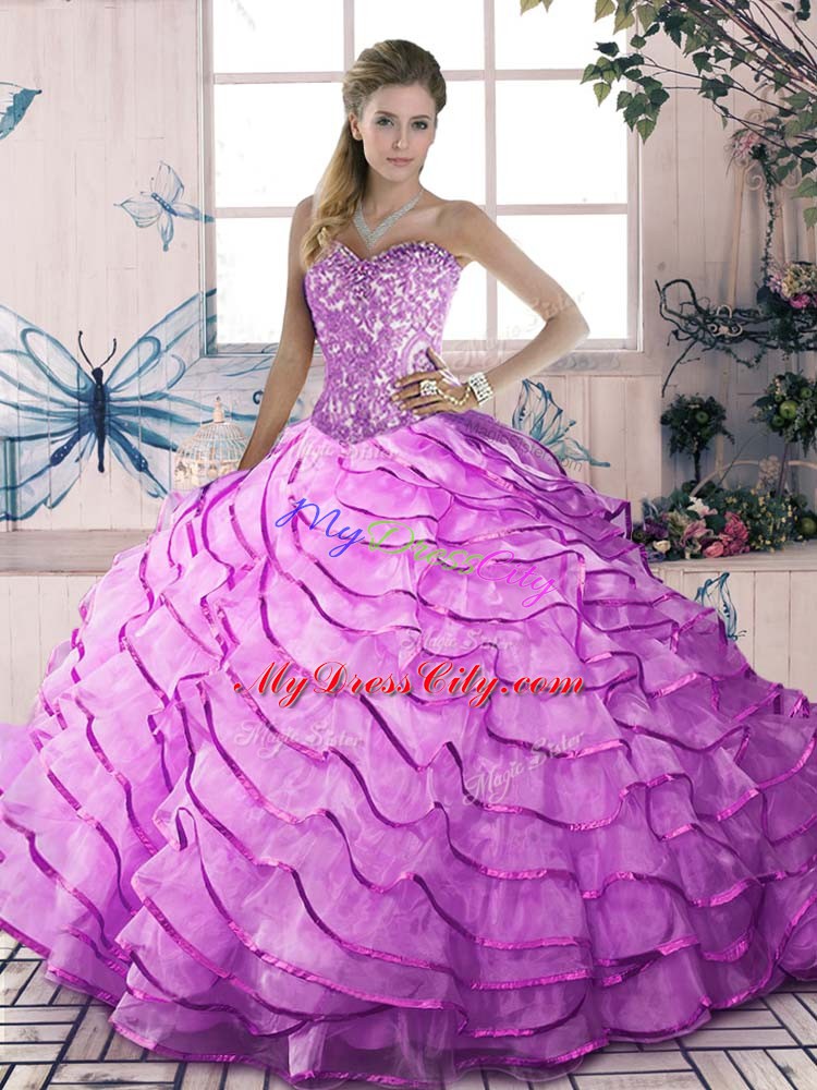 Lilac Ball Gowns Beading and Ruffles Sweet 16 Dress Lace Up Organza Sleeveless