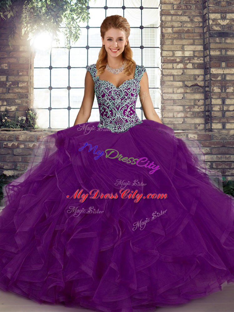 Beauteous Ball Gowns Sweet 16 Dresses Purple Straps Tulle Sleeveless Floor Length Lace Up