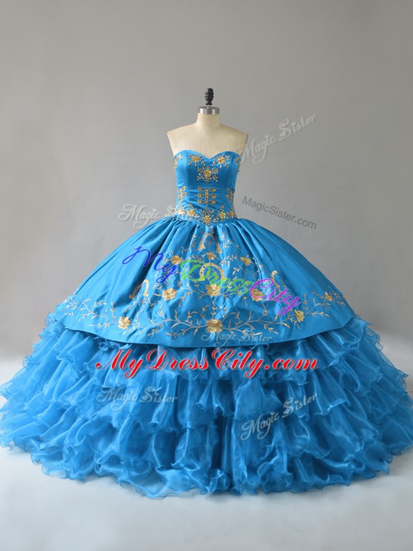 Ball Gowns Sleeveless Blue Ball Gown Prom Dress Lace Up